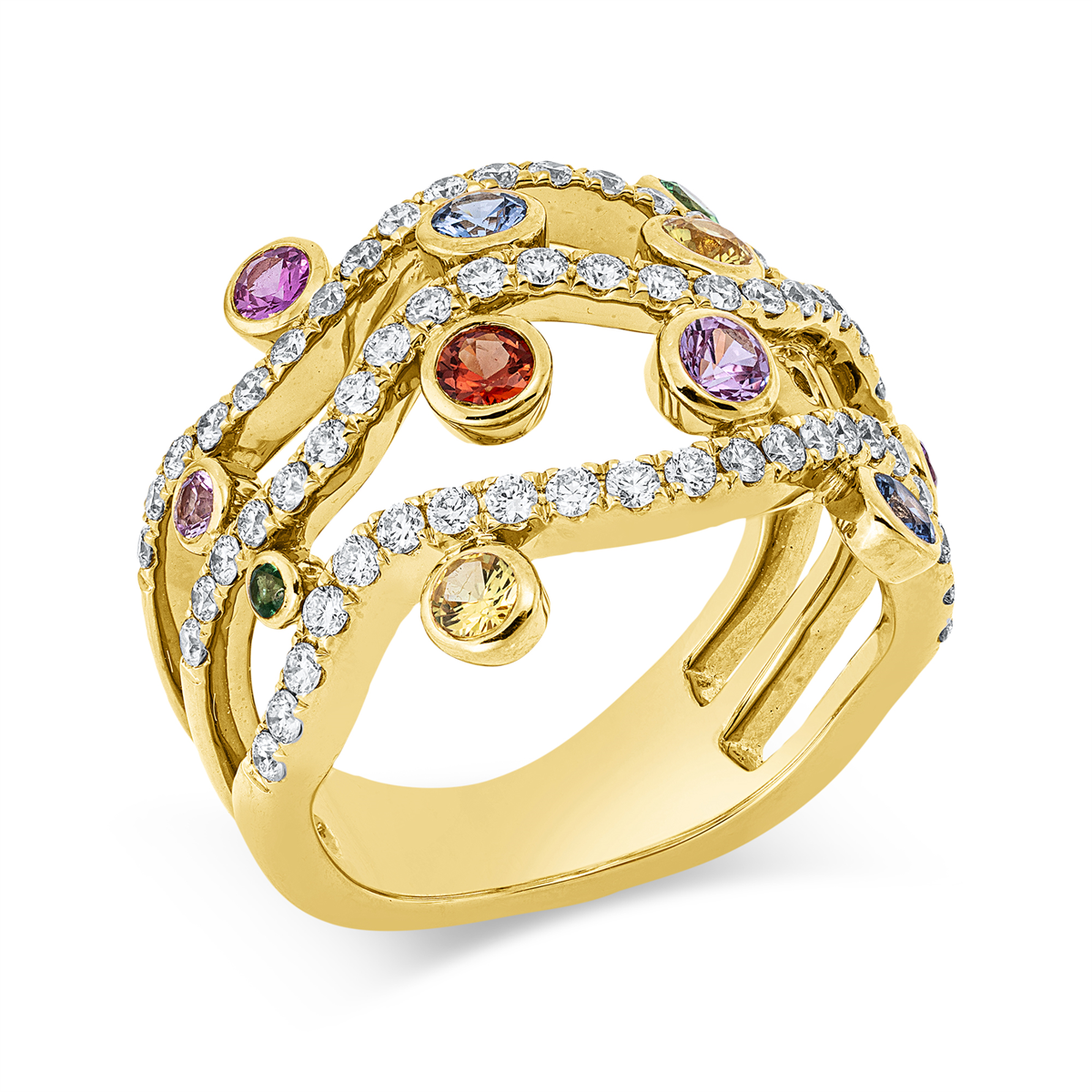 diamond full cut sapphire colored stone classic ring in yellow gold