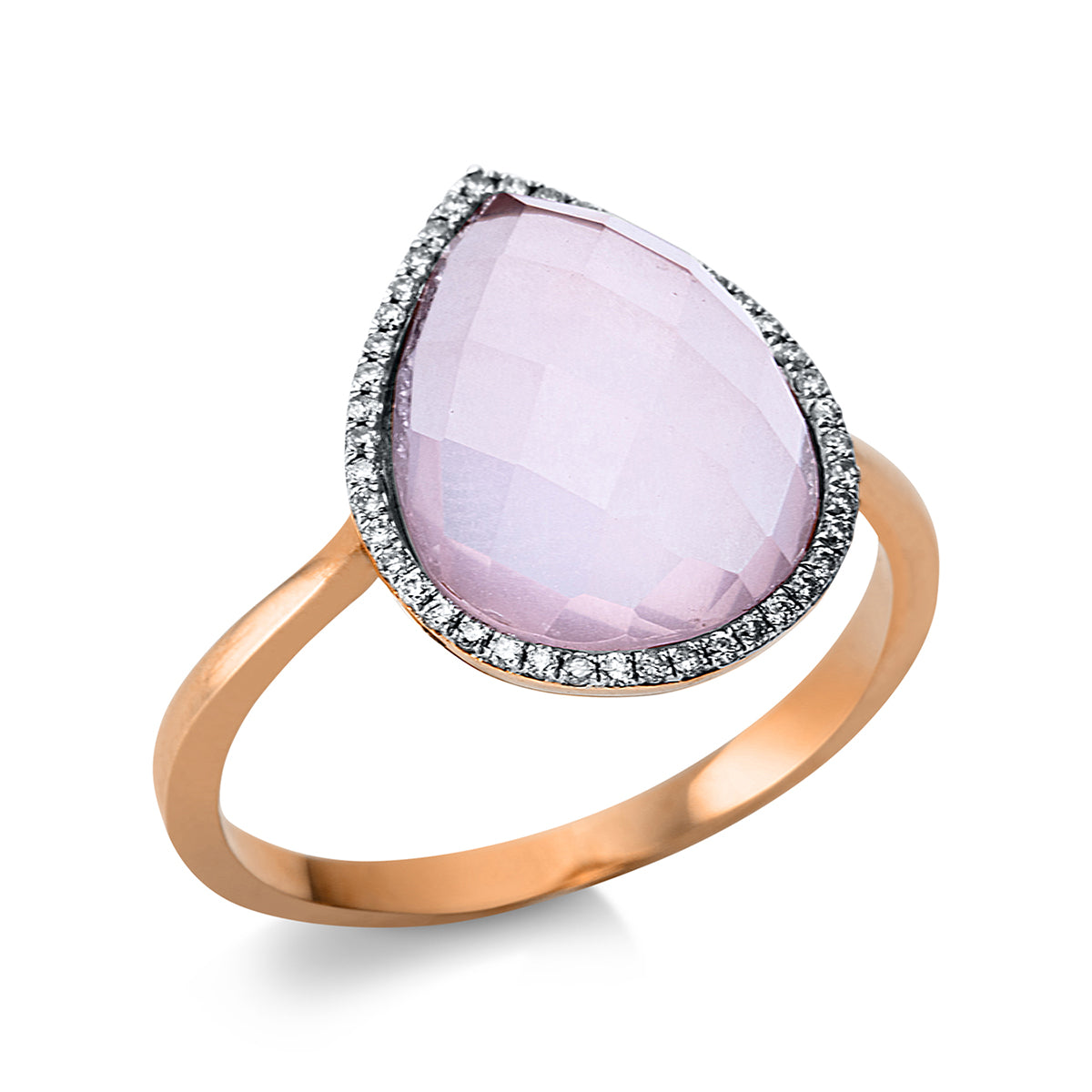 diamond full cut rose quartz colored stone fashion ring in red gold / white gold