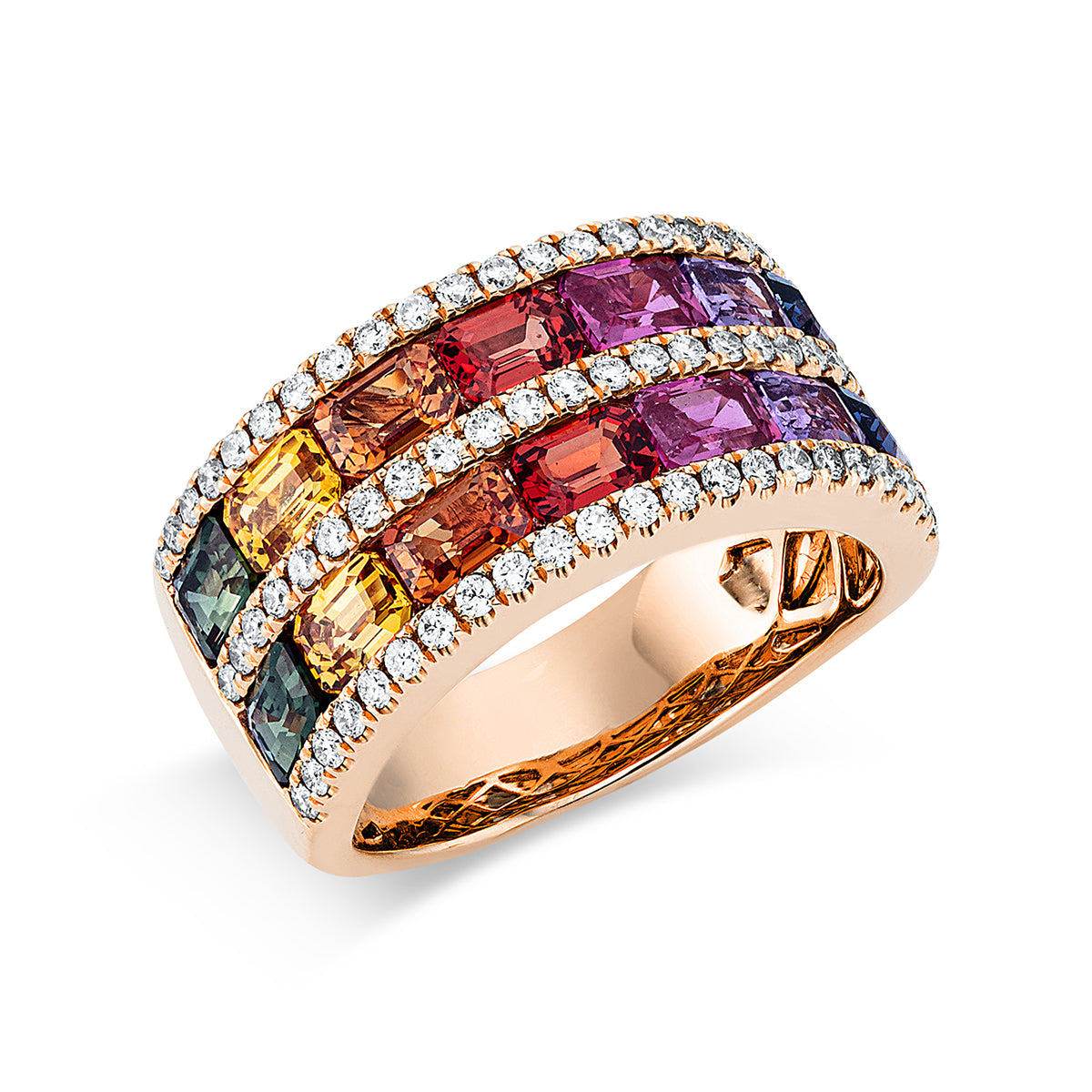 diamond full cut sapphire rainbow & multicolor ring in red gold