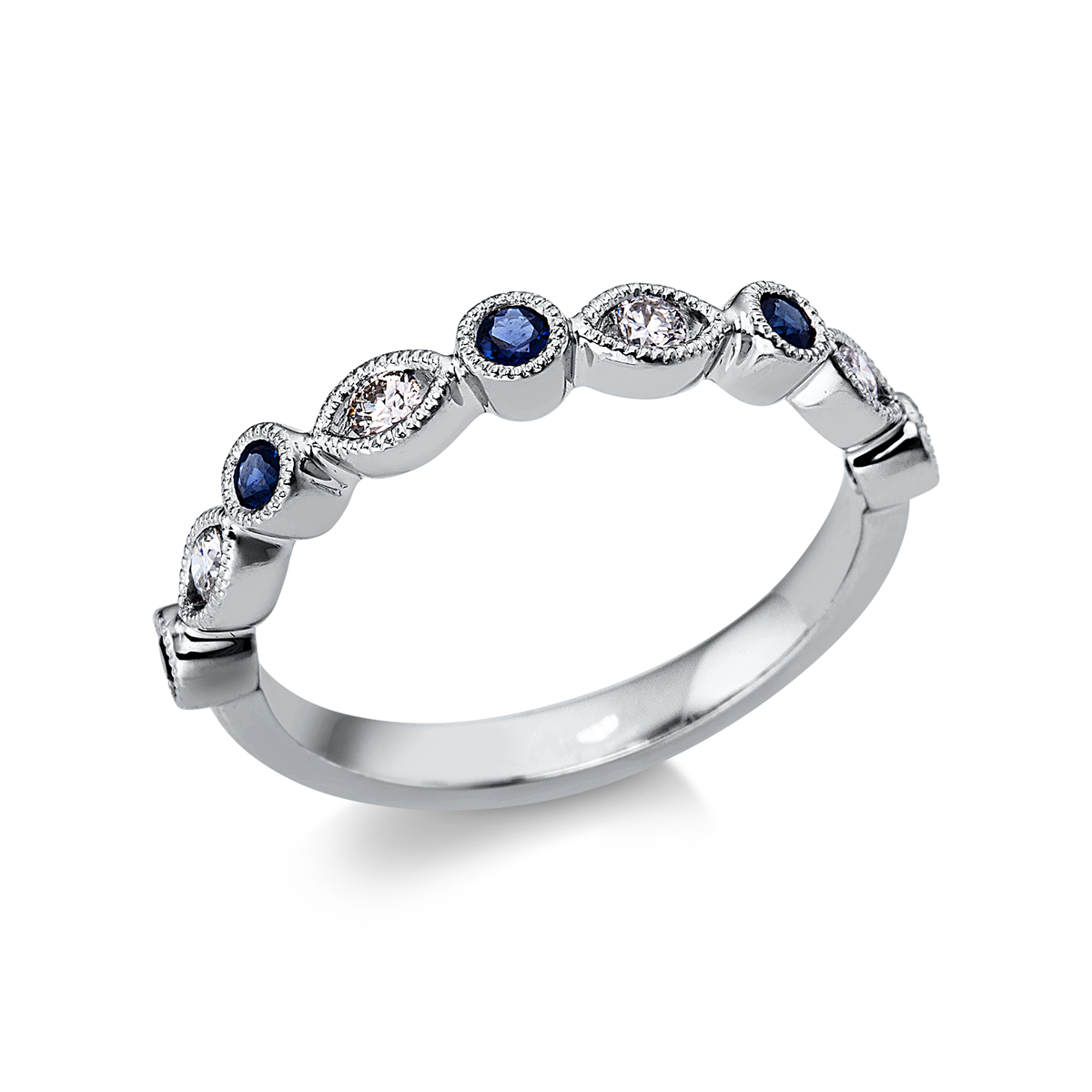 diamond full cut sapphire colored stone classic ring in white gold