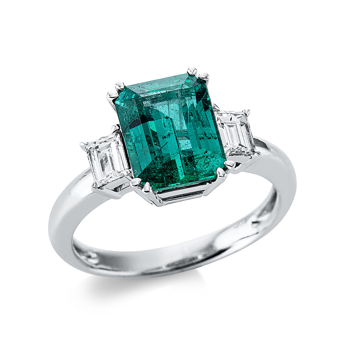 emerald cut emerald colored stone classic ring in white gold