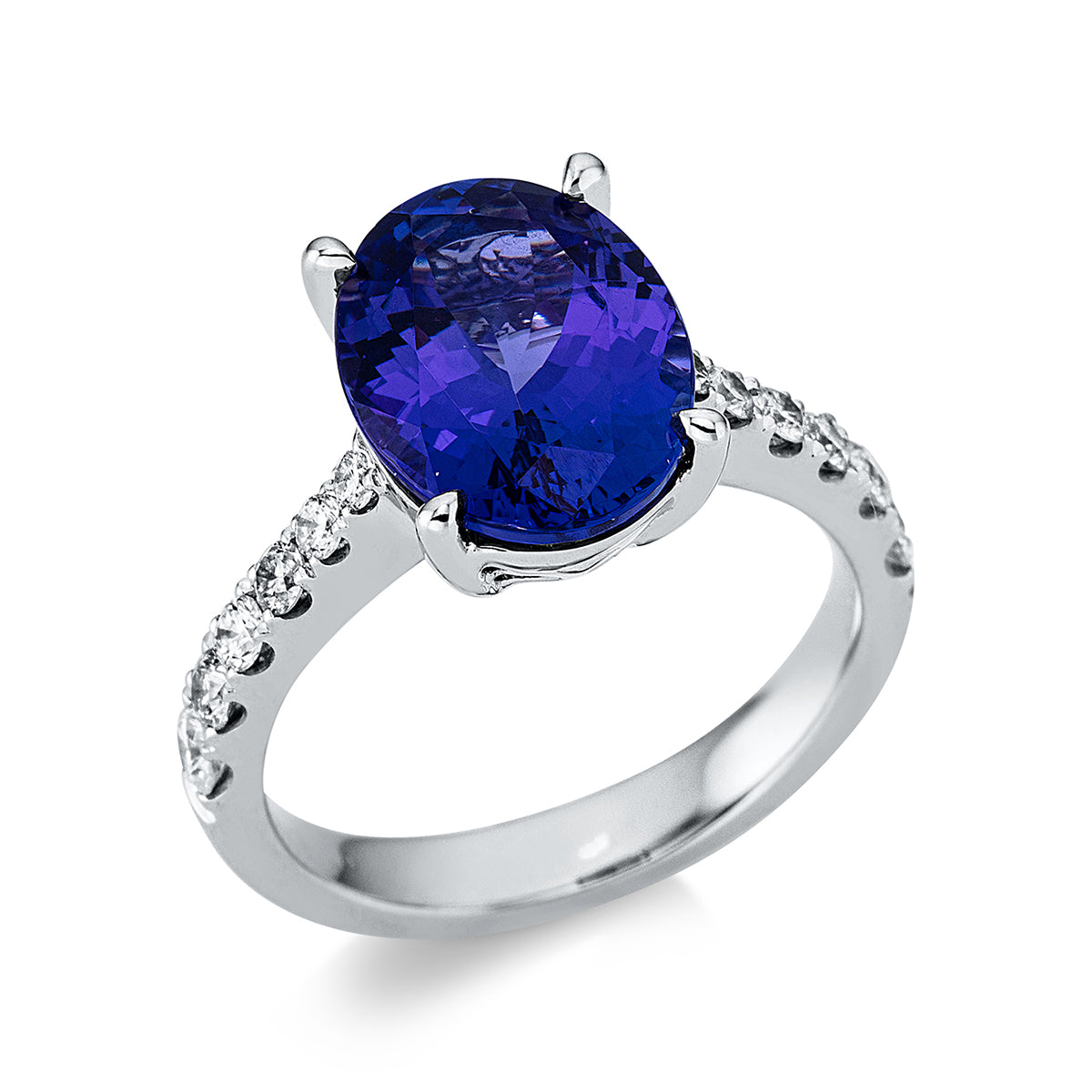 diamond full cut tanzanite colored stone classic ring in white gold