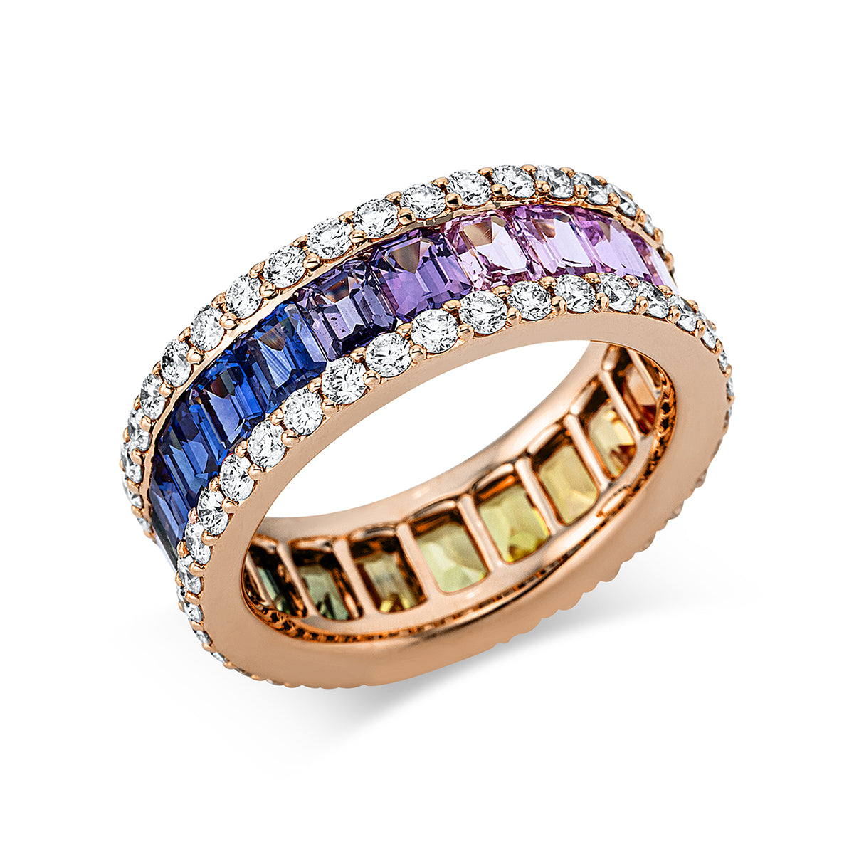 diamond full cut sapphire rainbow & multicolor ring in red gold