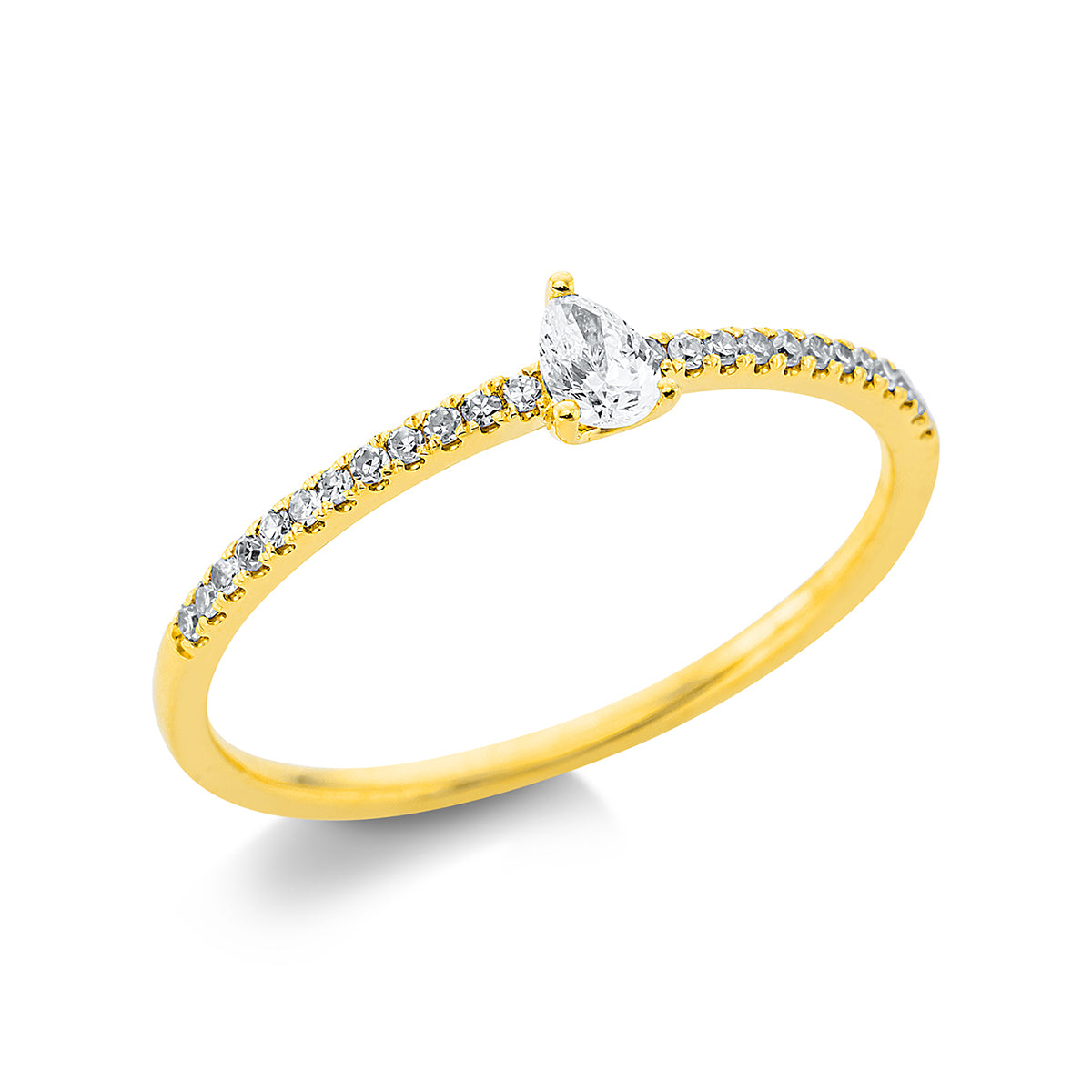 pear shape solitaire with accent stones ring in yellow gold