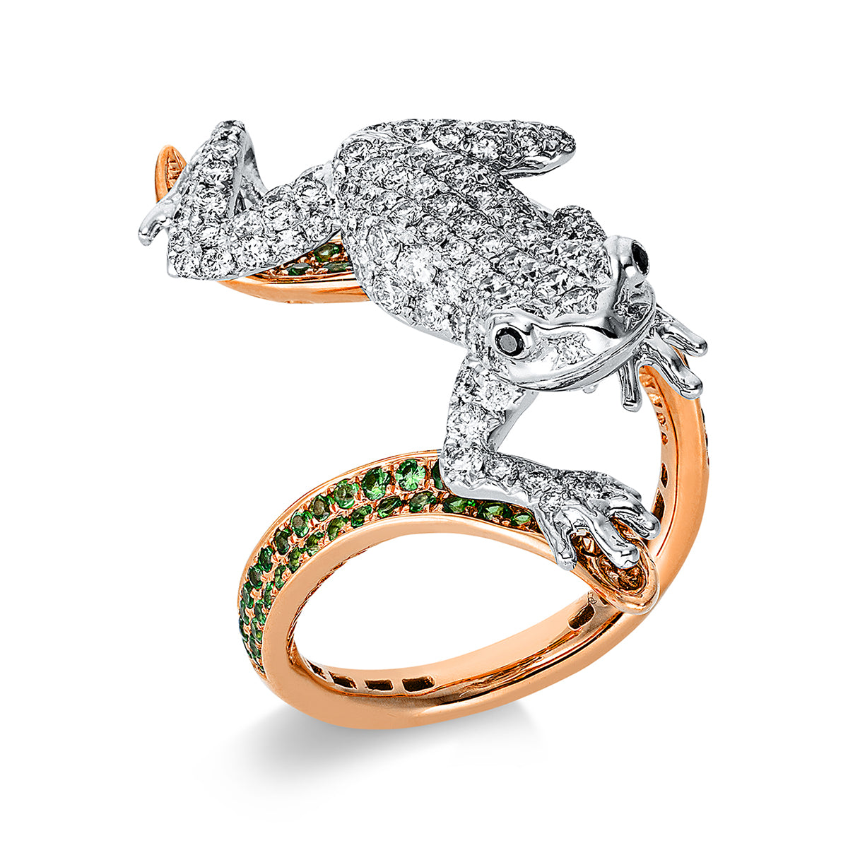 diamond full cut tsavorite animal ring in red gold / white gold