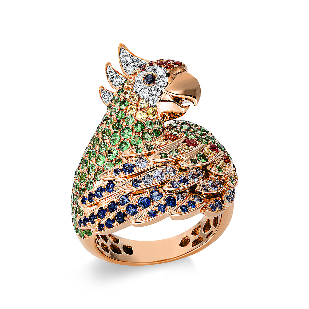 diamond full cut tsavorite animal ring in red gold / white gold