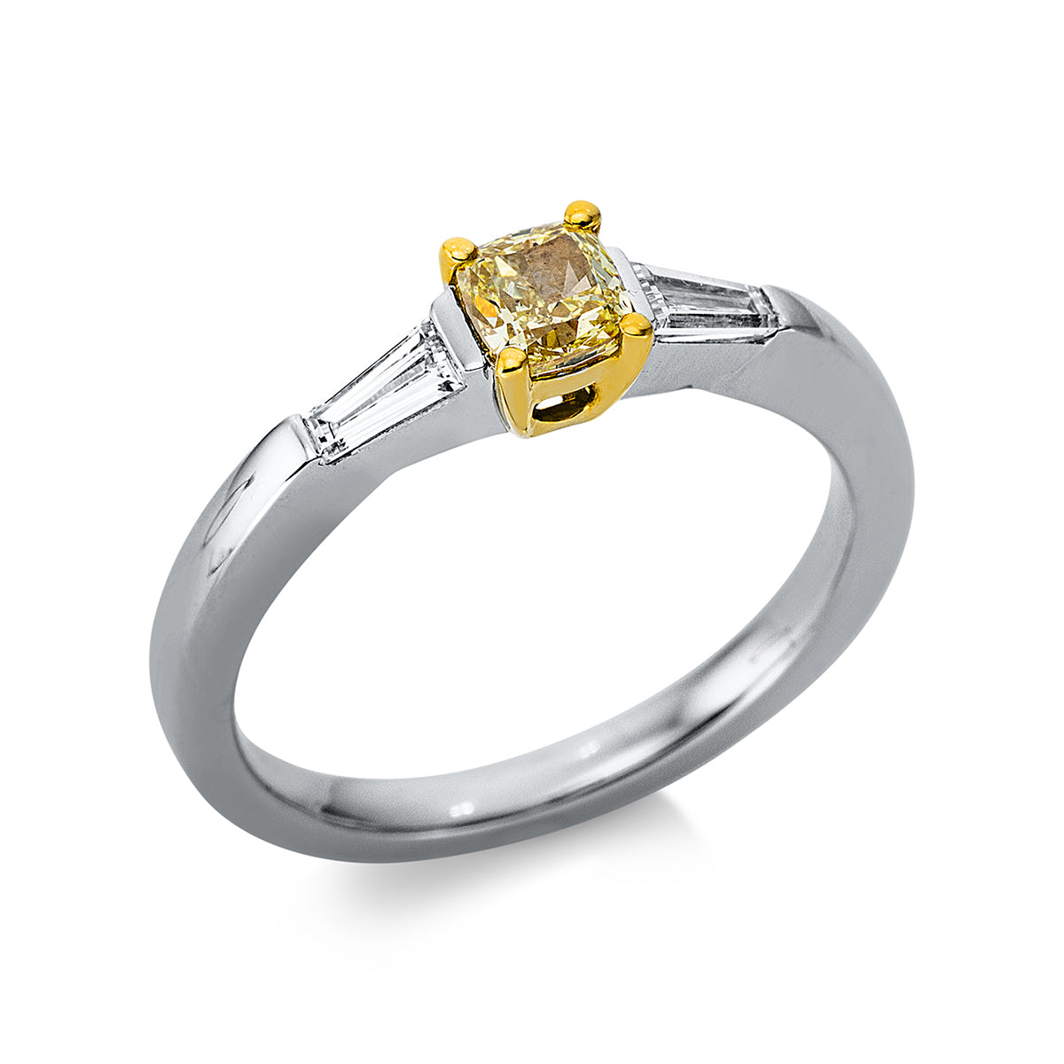 taper fancy colored diamond ring in white gold / yellow gold