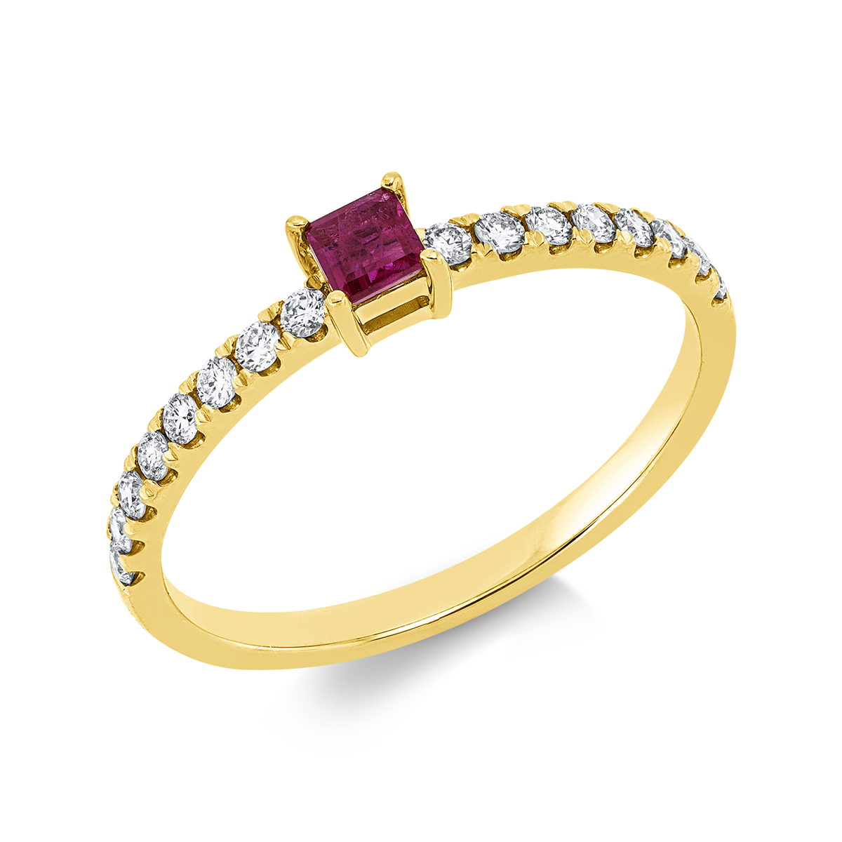 diamond full cut ruby colored stone classic ring in yellow gold