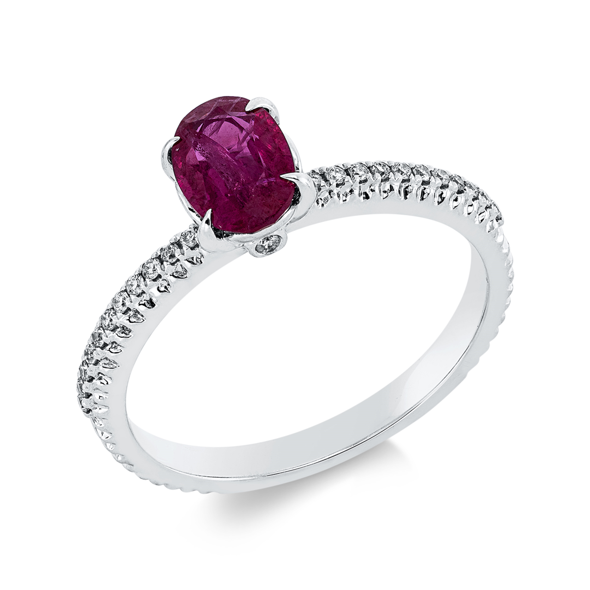 diamond full cut ruby colored stone classic ring in white gold