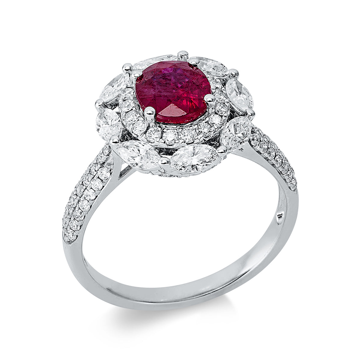 diamond full cut ruby colored stone classic ring in white gold