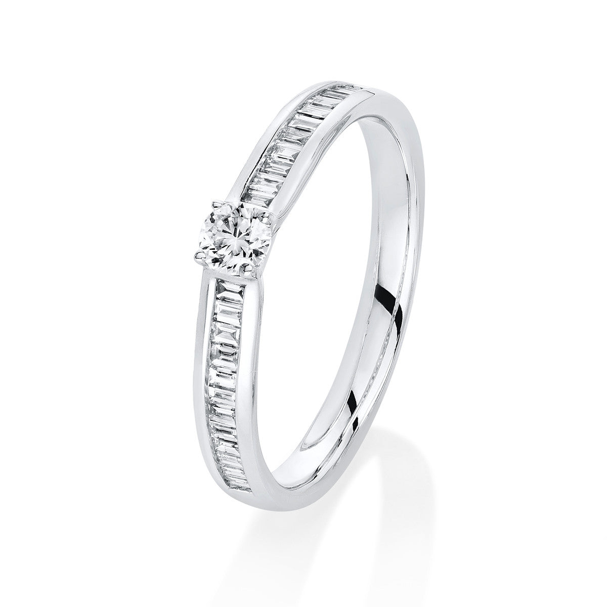baguette solitaire with accent stones ring in white gold
