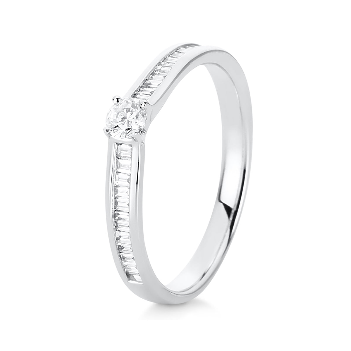 baguette solitaire with accent stones ring in white gold