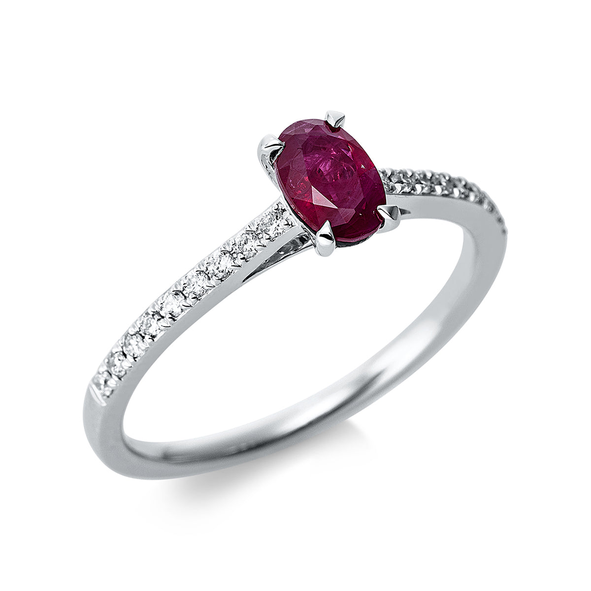 diamond full cut ruby colored stone classic ring in white gold