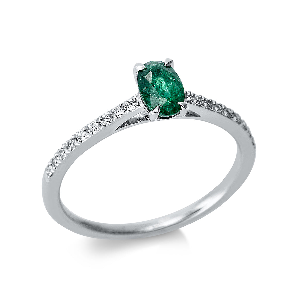 diamond full cut emerald colored stone classic ring in white gold