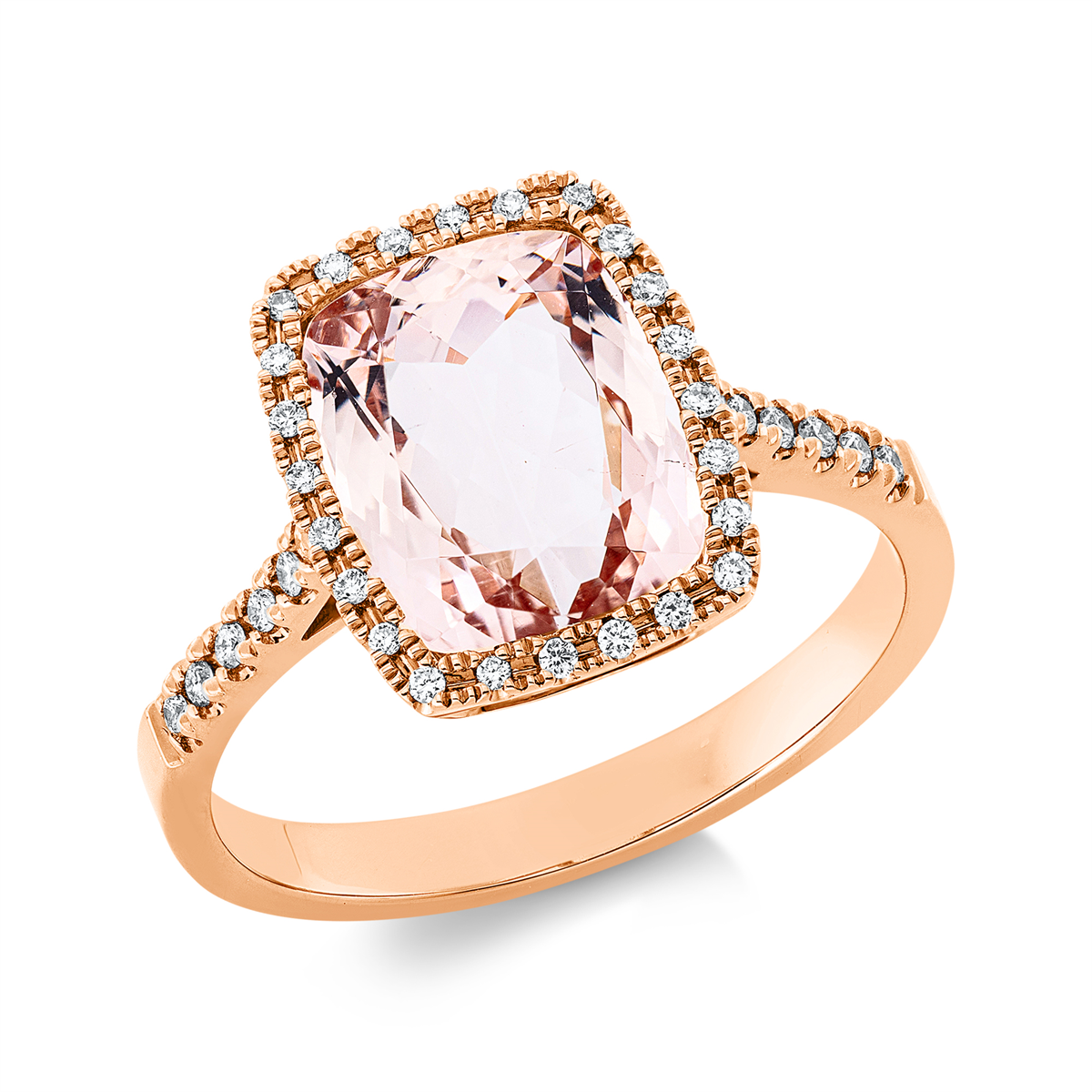 diamond full cut morganite colored stone fashion ring in red gold