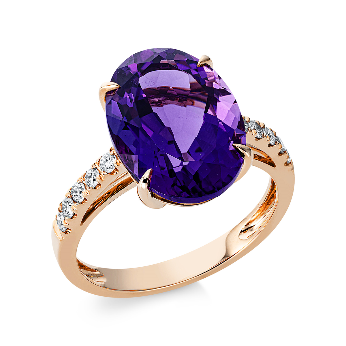 diamond full cut amethyst colored stone fashion ring in red gold