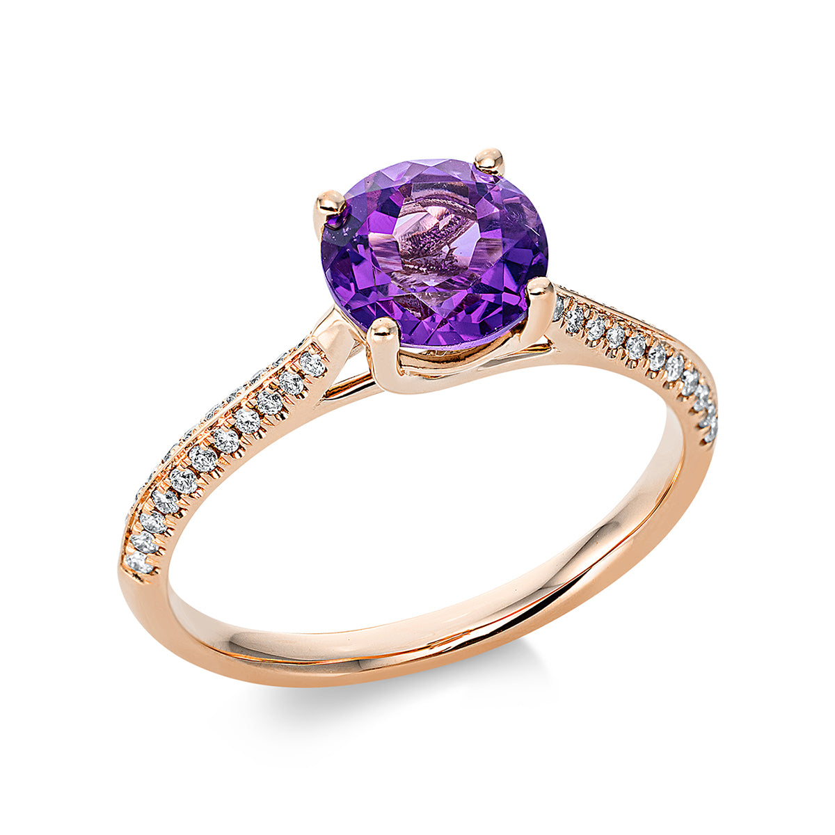 diamond full cut amethyst colored stone fashion ring in red gold