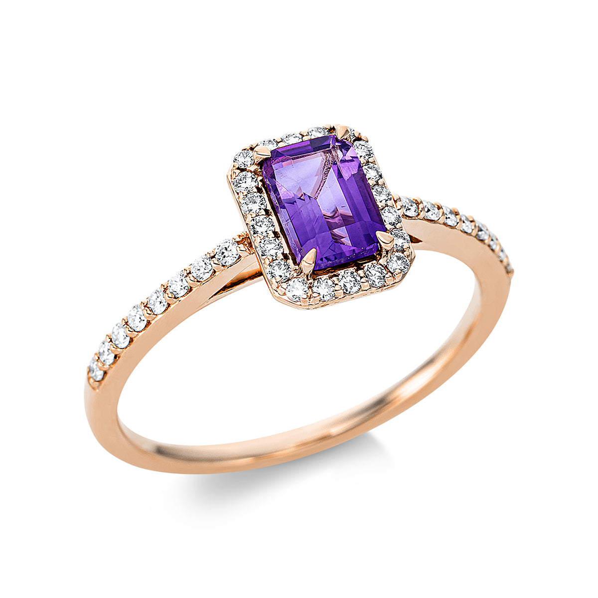 diamond full cut amethyst colored stone fashion ring in red gold