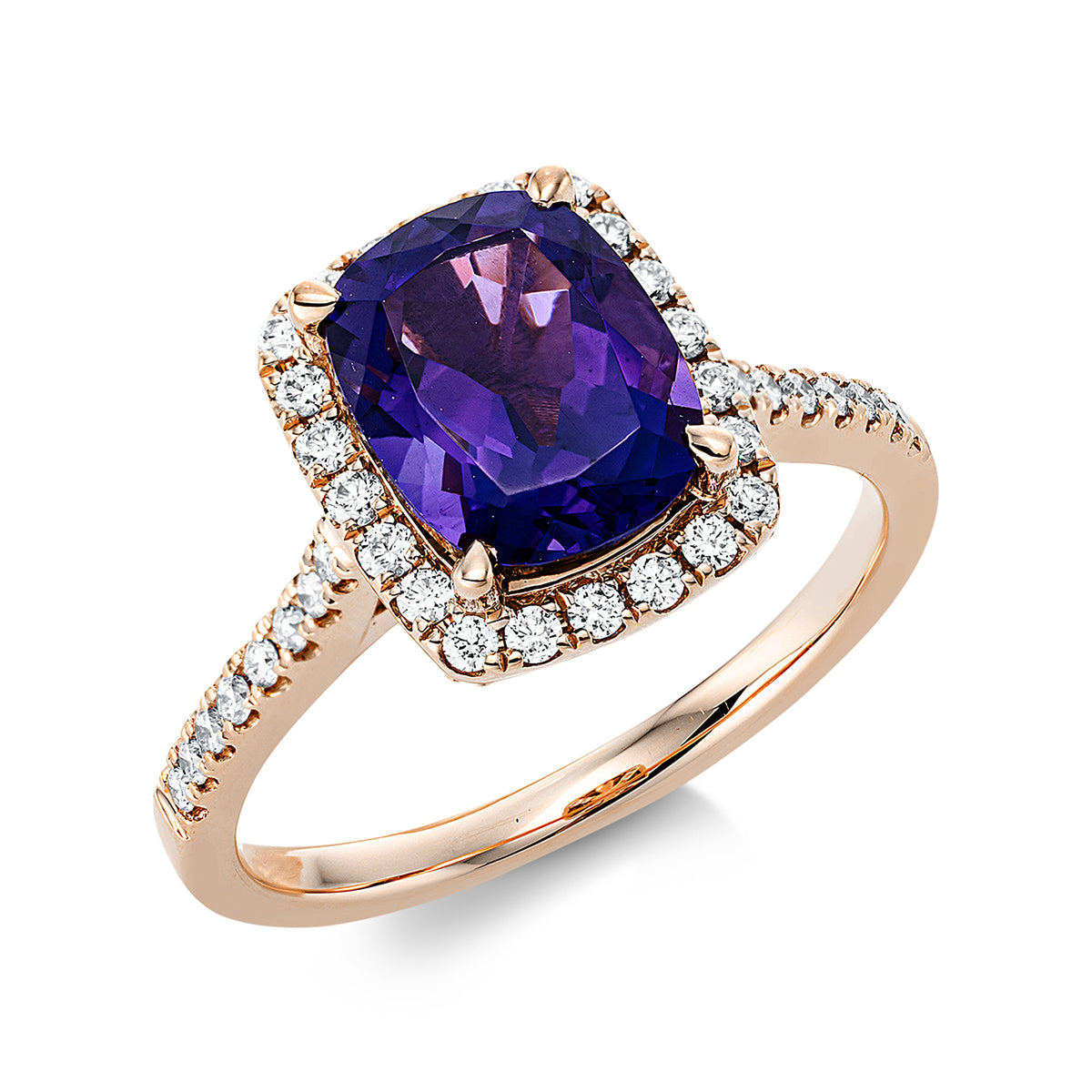 diamond full cut amethyst colored stone fashion ring in red gold