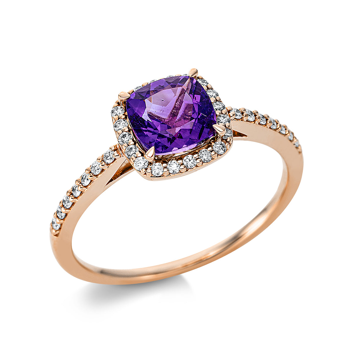 diamond full cut amethyst colored stone fashion ring in red gold