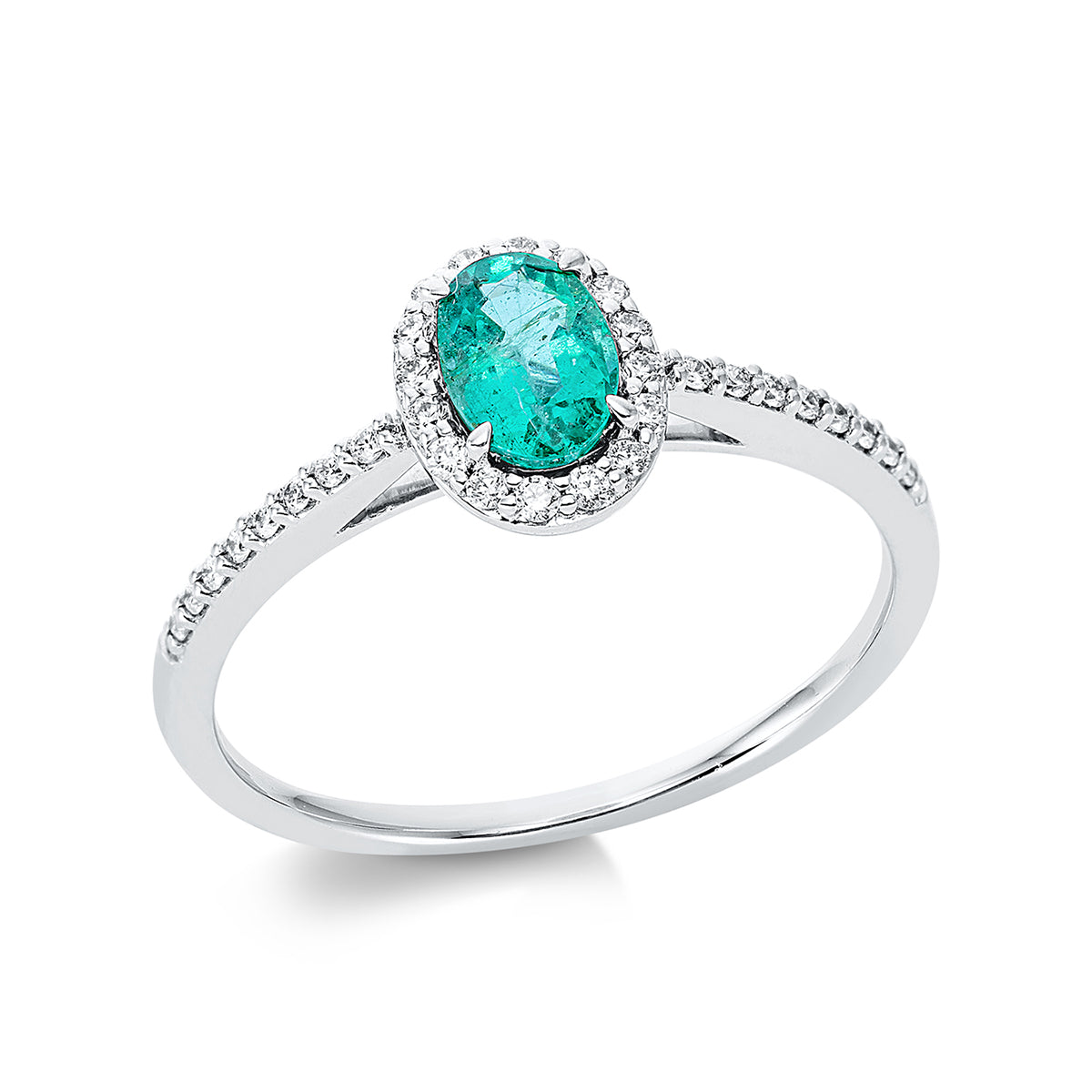 diamond full cut emerald colored stone classic ring in white gold