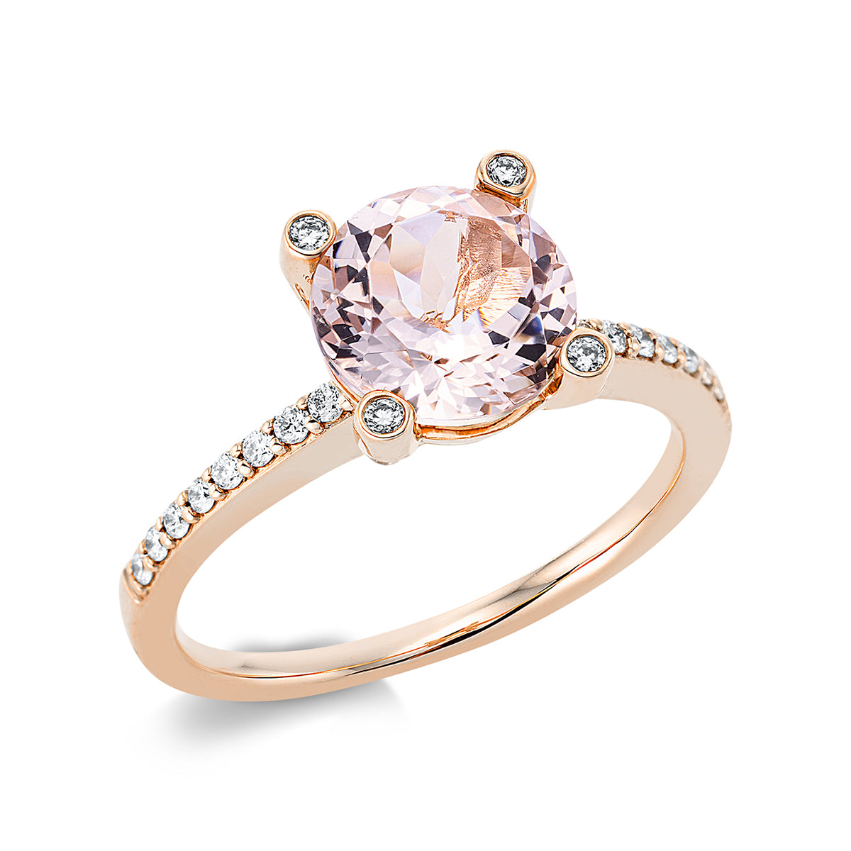 diamond full cut morganite colored stone fashion ring in red gold