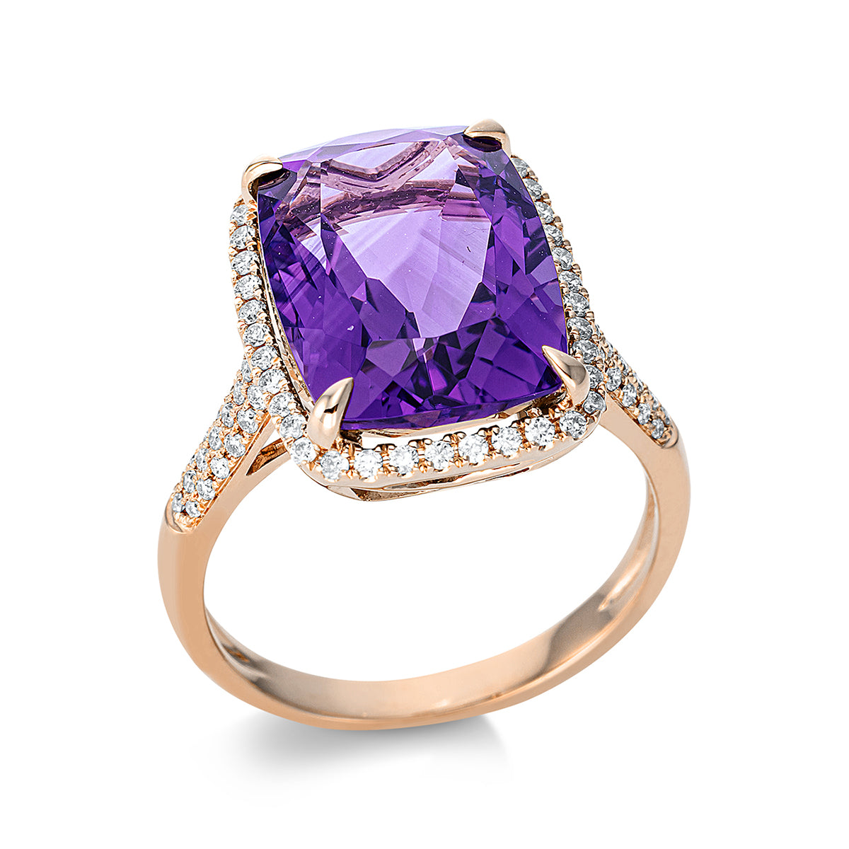 diamond full cut amethyst colored stone fashion ring in red gold