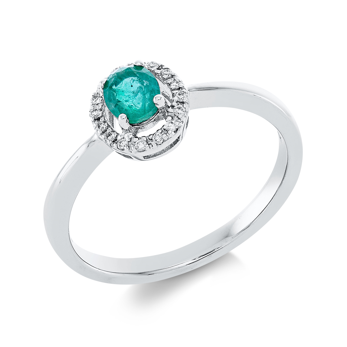diamond full cut emerald colored stone classic ring in white gold