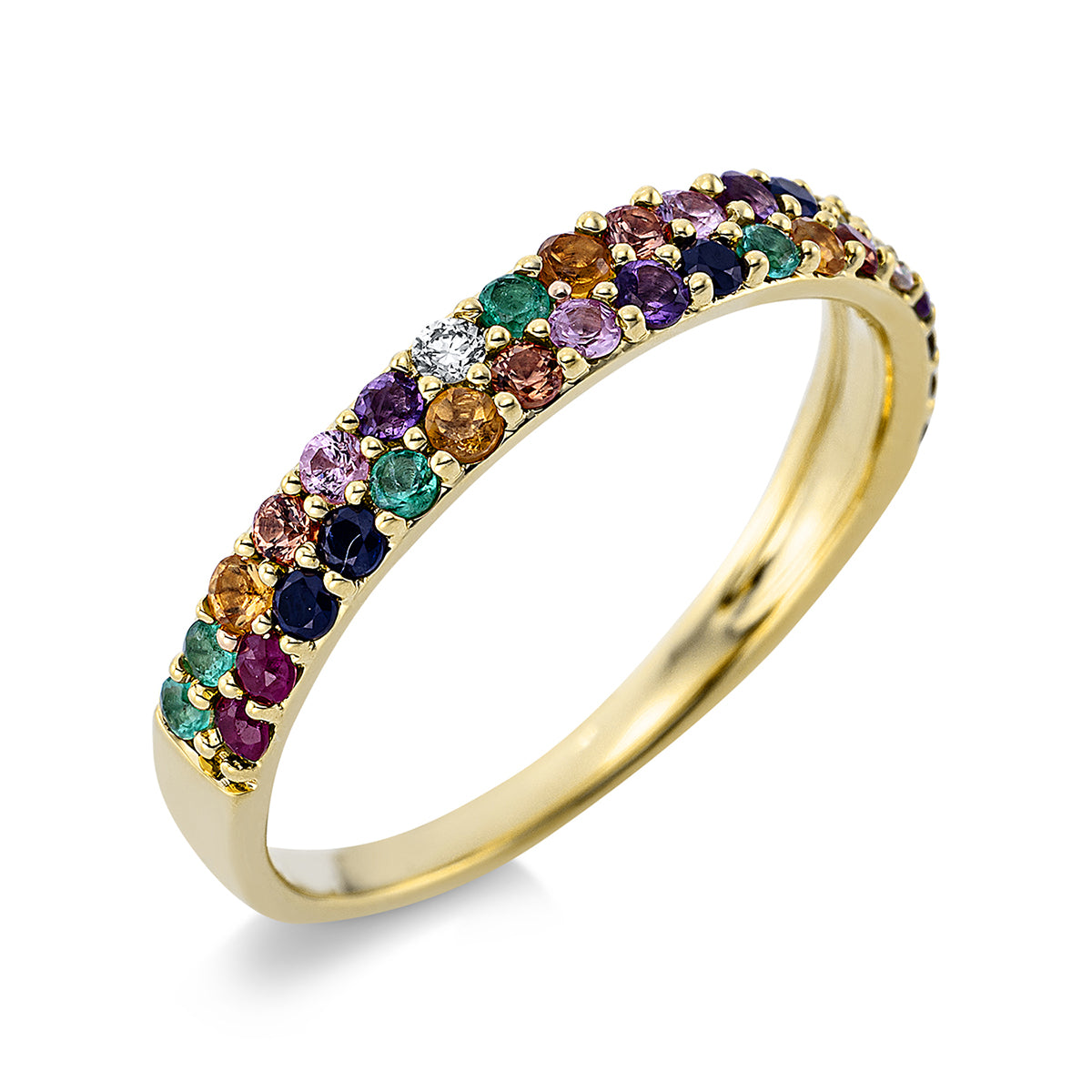 diamond full cut color stones rainbow & multicolor ring in yellow gold