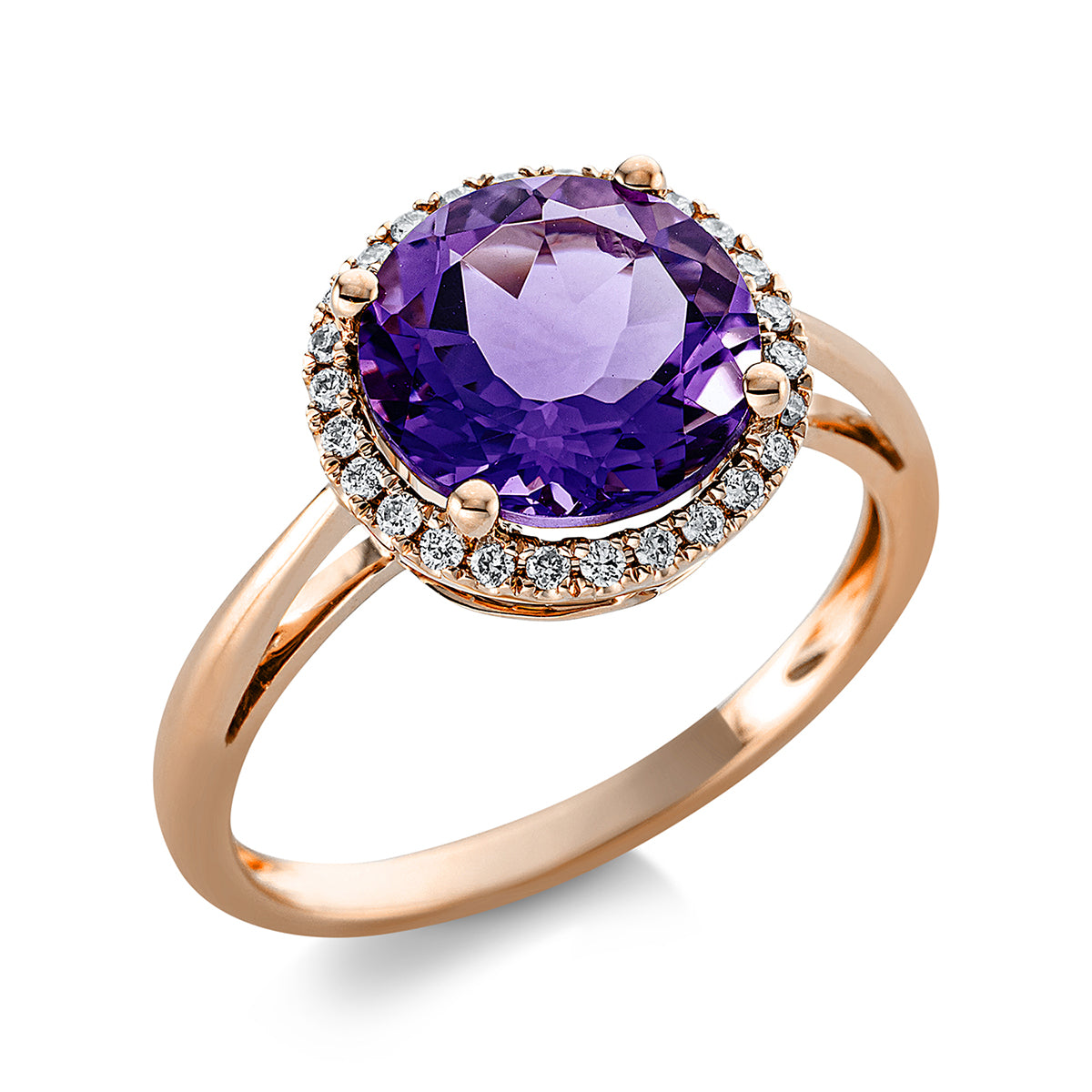 diamond full cut amethyst colored stone fashion ring in red gold