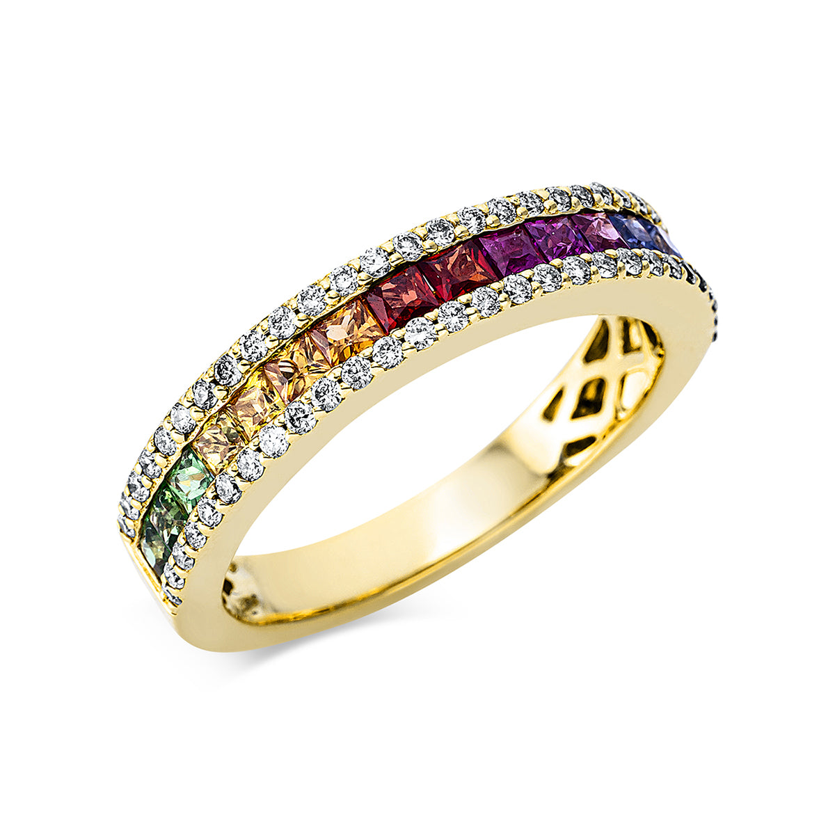 diamond full cut sapphire rainbow & multicolor ring in yellow gold