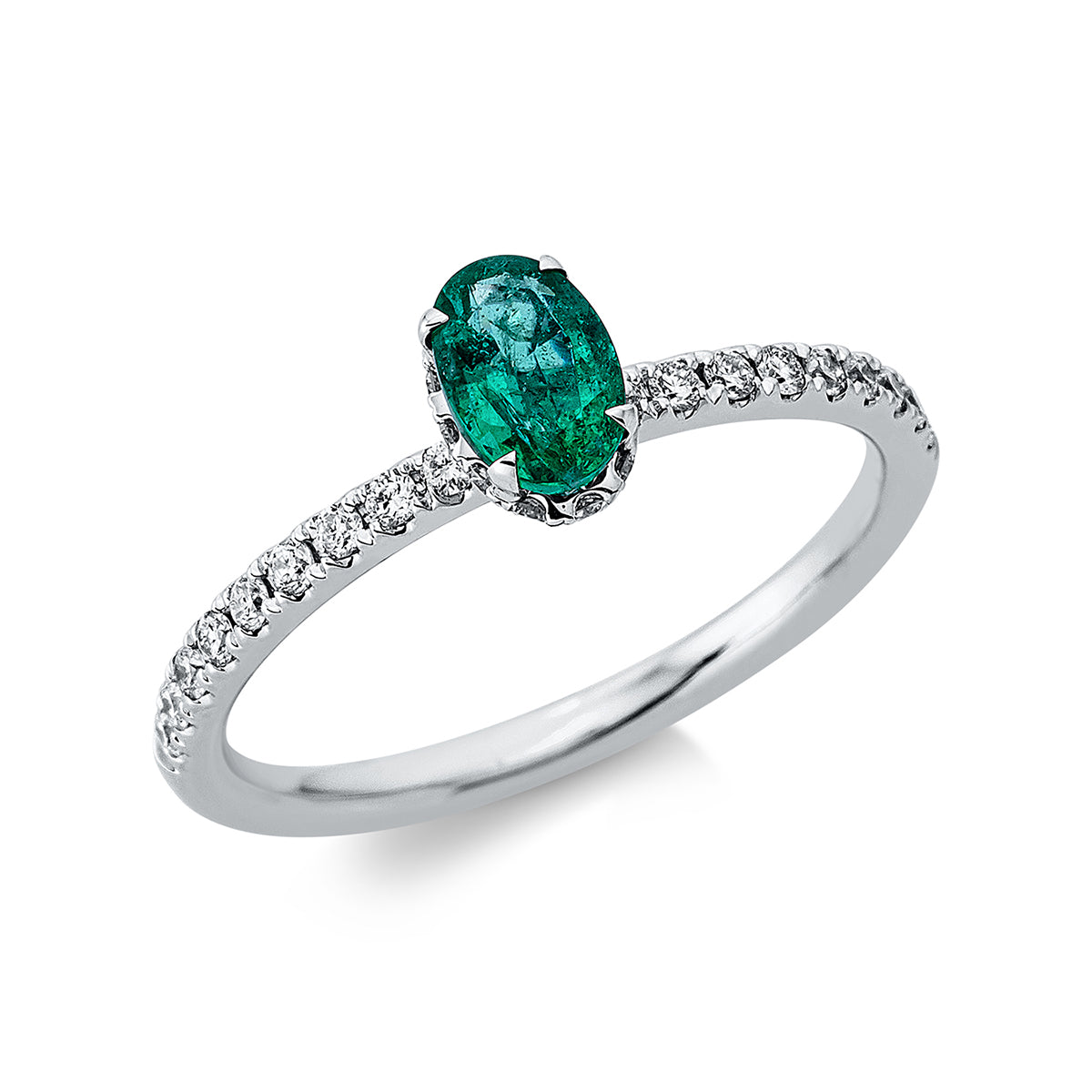 diamond full cut emerald colored stone classic ring in white gold