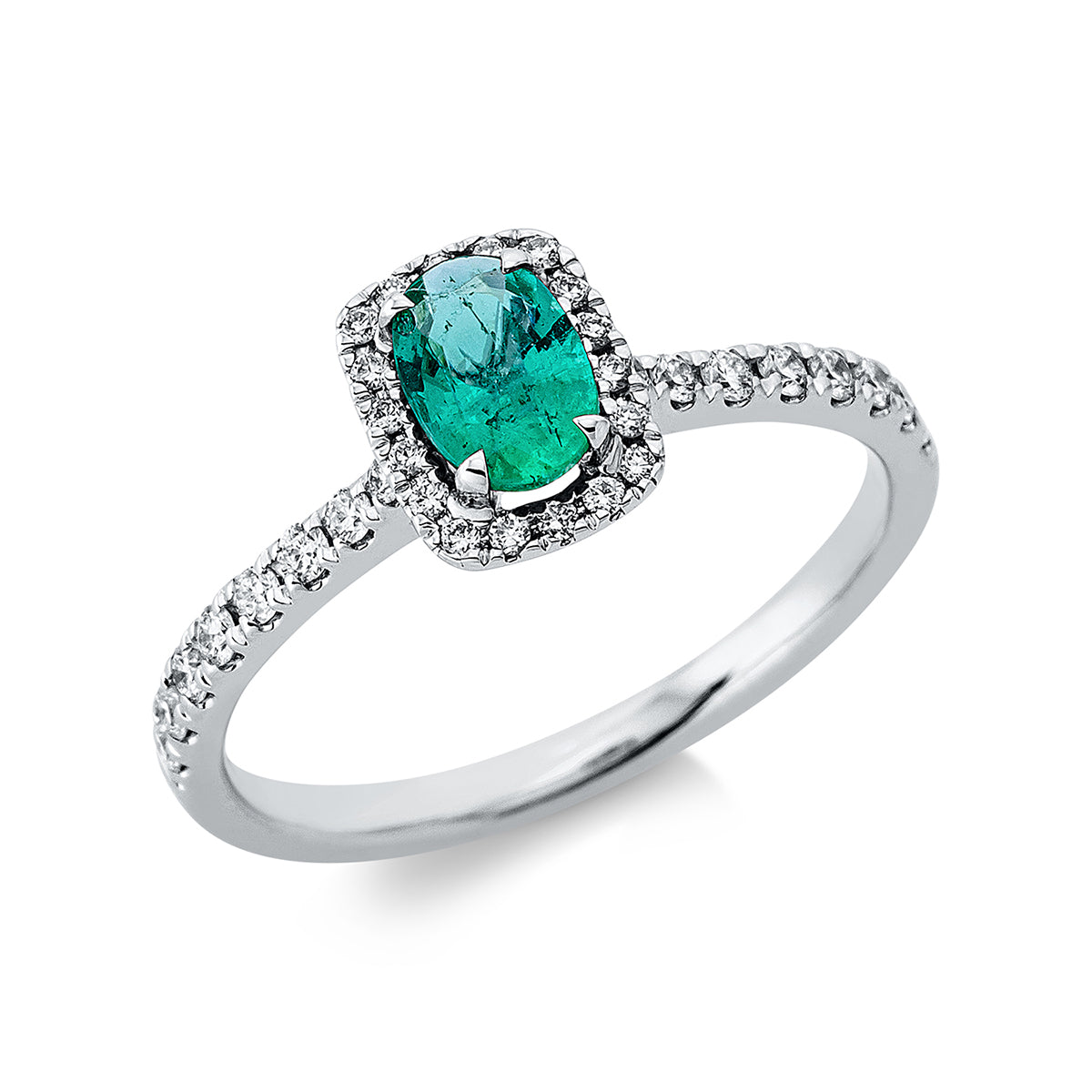 diamond full cut emerald colored stone classic ring in white gold