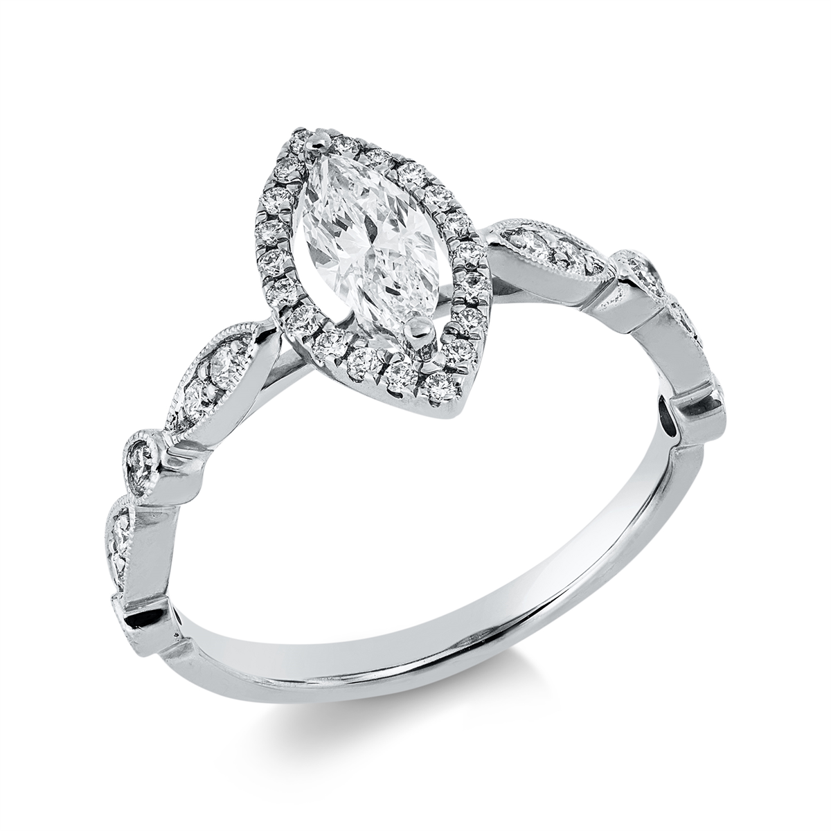 diamond full cut solitaire with accent stones ring in white gold