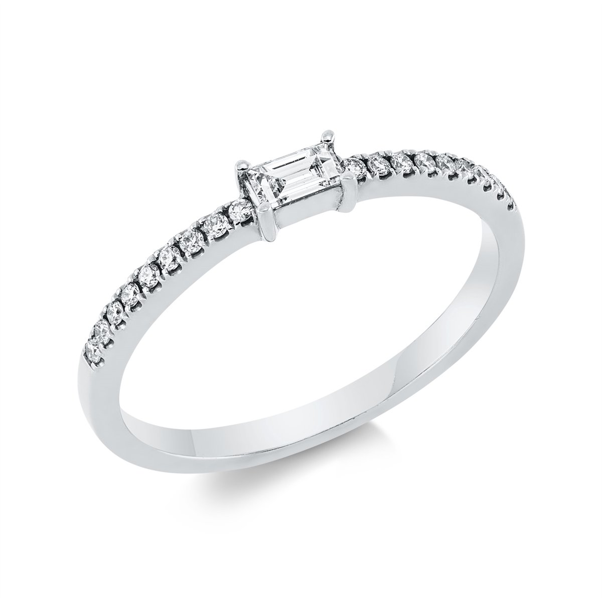baguette solitaire with accent stones ring in white gold