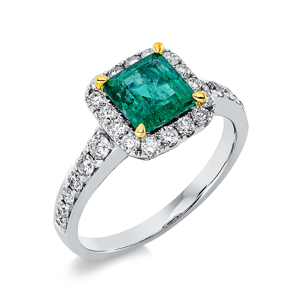diamond full cut emerald colored stone classic ring in white gold / yellow gold