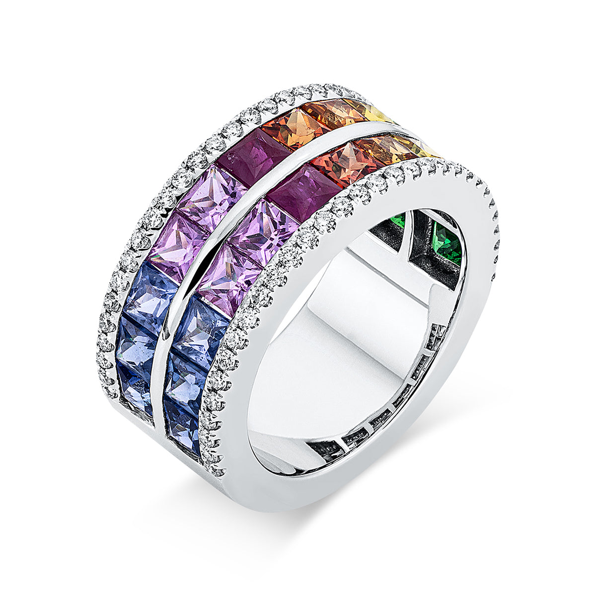 diamond full cut sapphire rainbow & multicolor ring in white gold