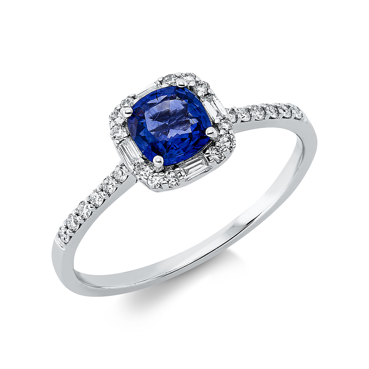 diamond full cut sapphire colored stone classic ring in white gold
