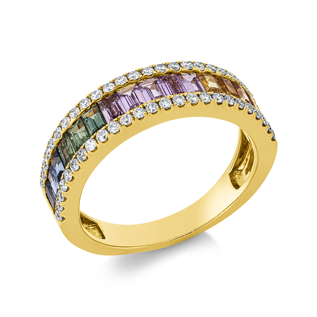 diamond full cut sapphire rainbow & multicolor ring in yellow gold