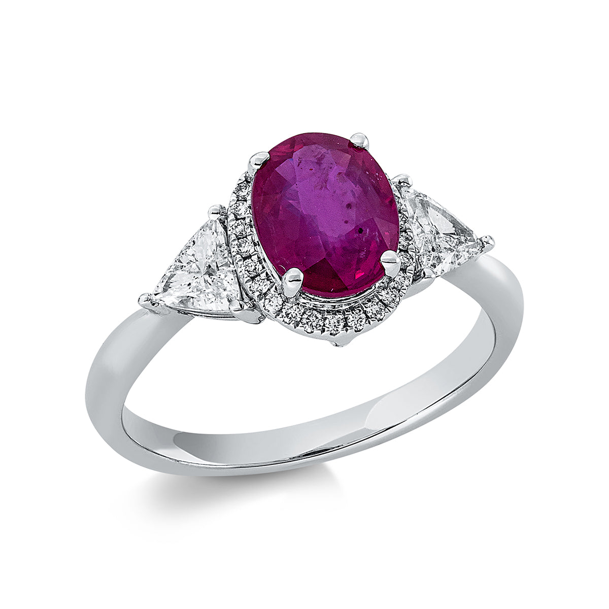diamond full cut ruby colored stone classic ring in white gold