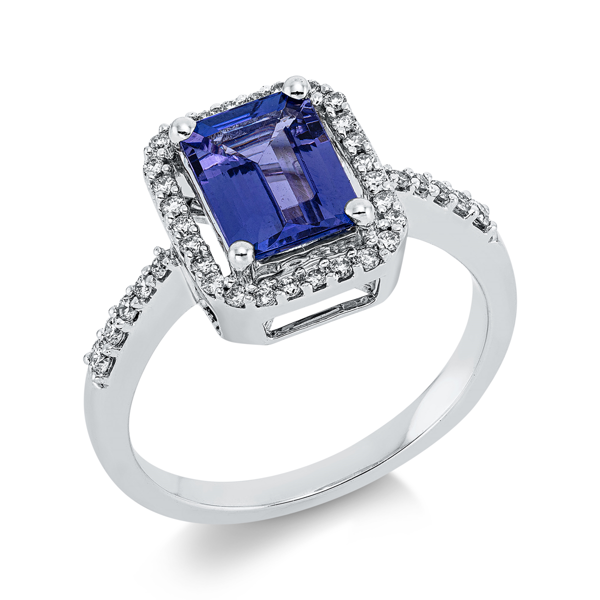 diamond full cut tanzanite colored stone classic ring in white gold