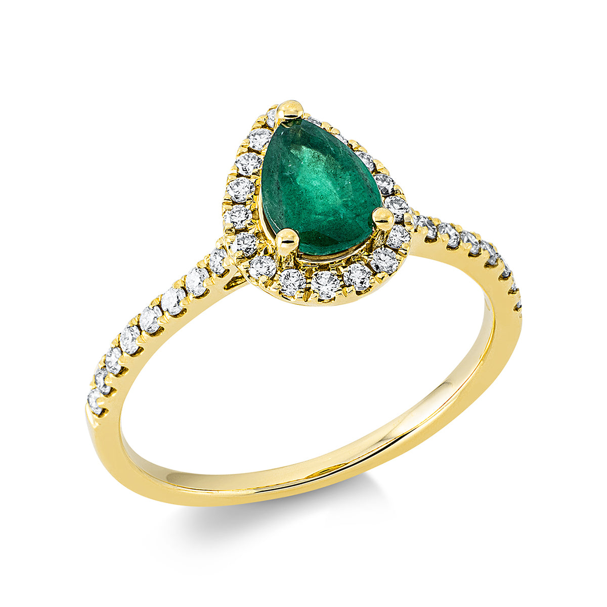 diamond full cut emerald colored stone classic ring in yellow gold