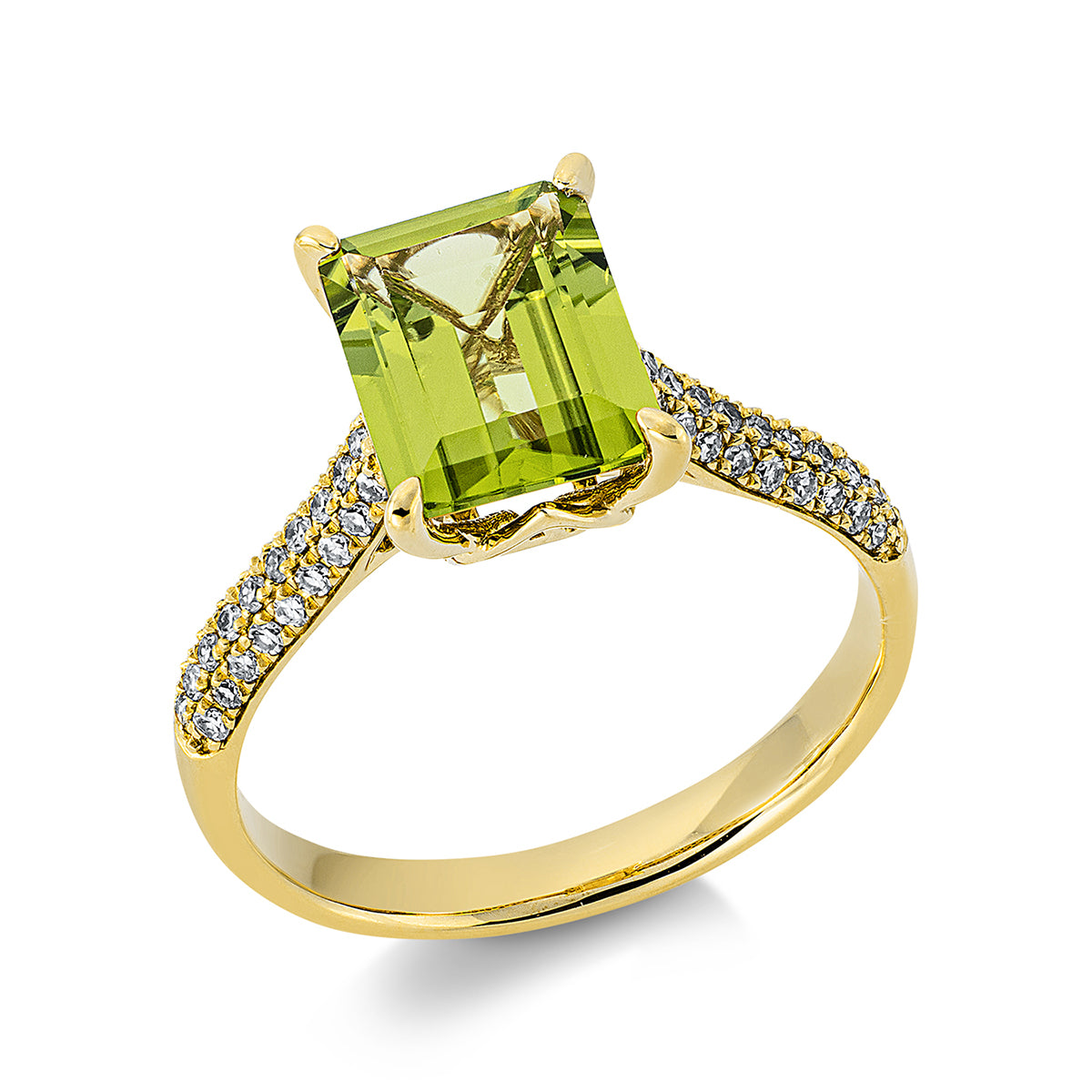 diamond single cut peridot colored stone fashion ring in yellow gold