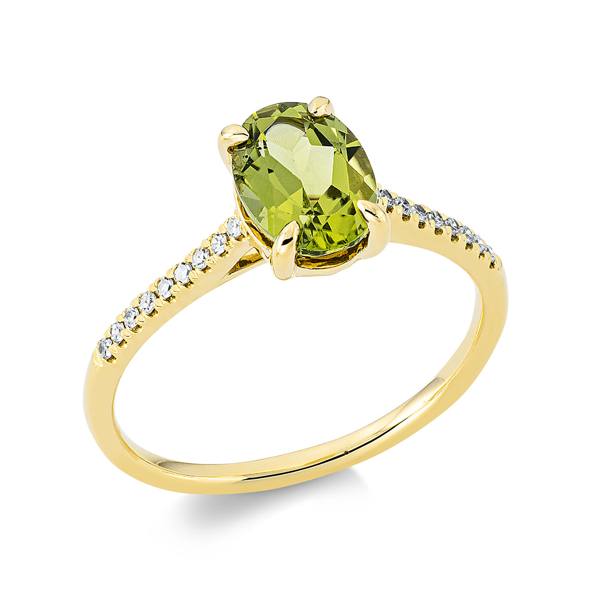 diamond single cut peridot colored stone fashion ring in yellow gold