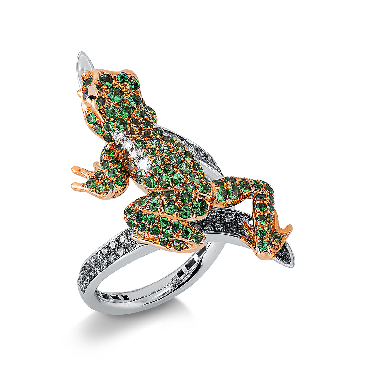 diamond full cut tsavorite animal ring in whitegold / rosegold