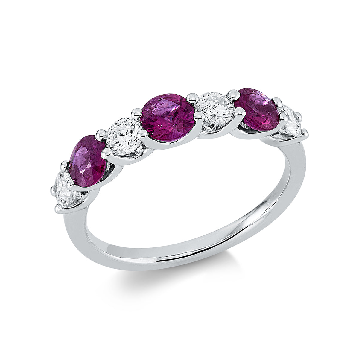 diamond full cut ruby colored stone classic ring in white gold