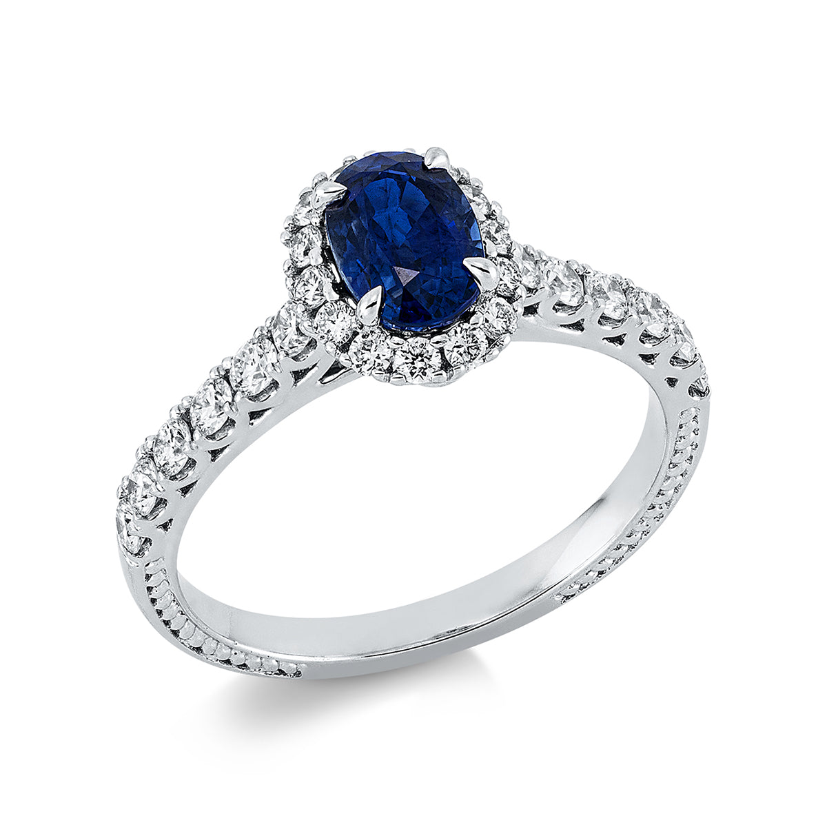 diamond full cut sapphire colored stone classic ring in white gold