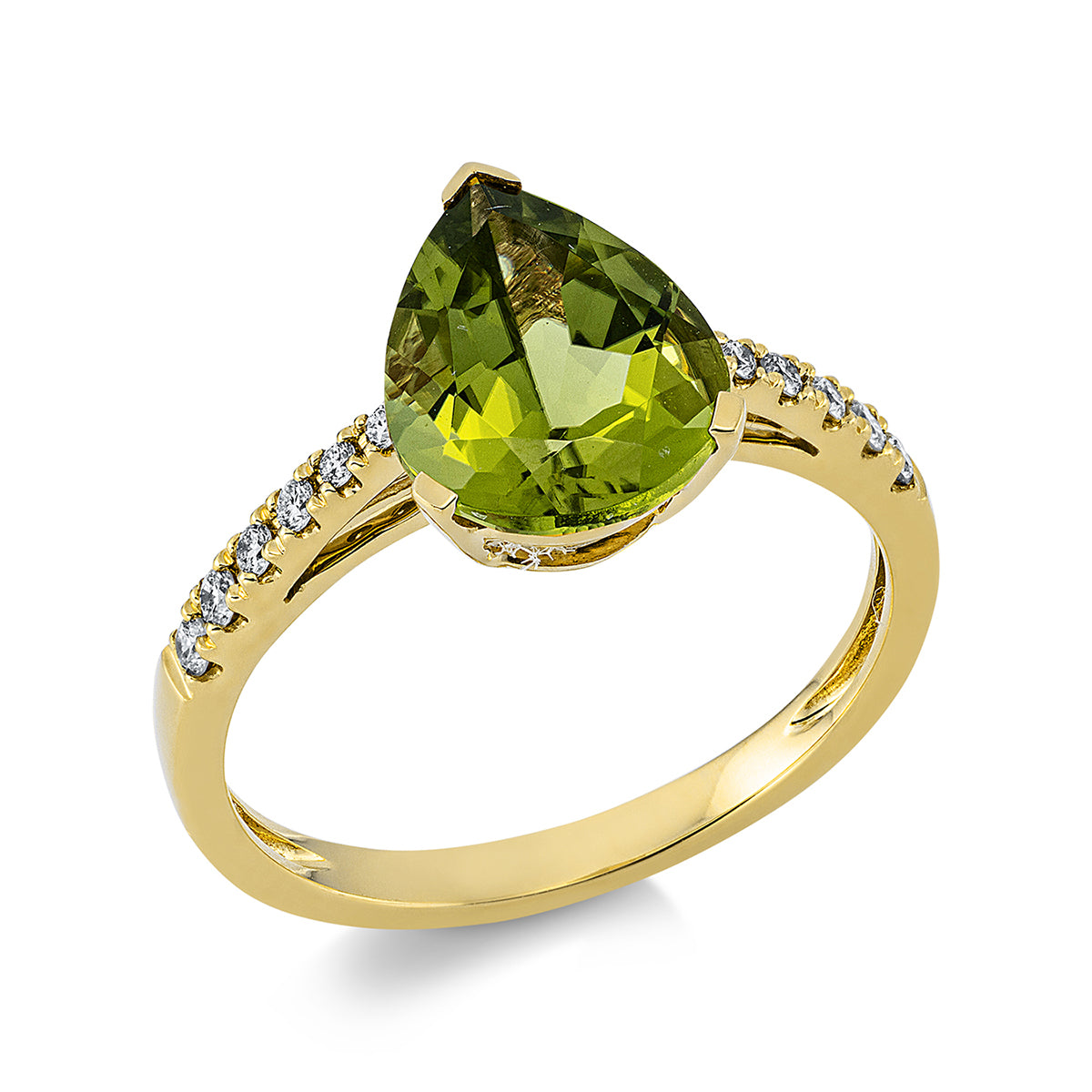 diamond full cut peridot colored stone fashion ring in yellow gold