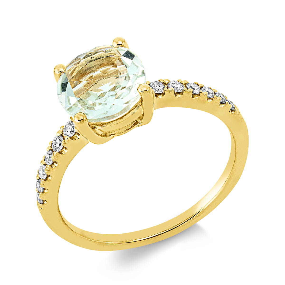 diamond full cut amethyst colored stone fashion ring in yellow gold