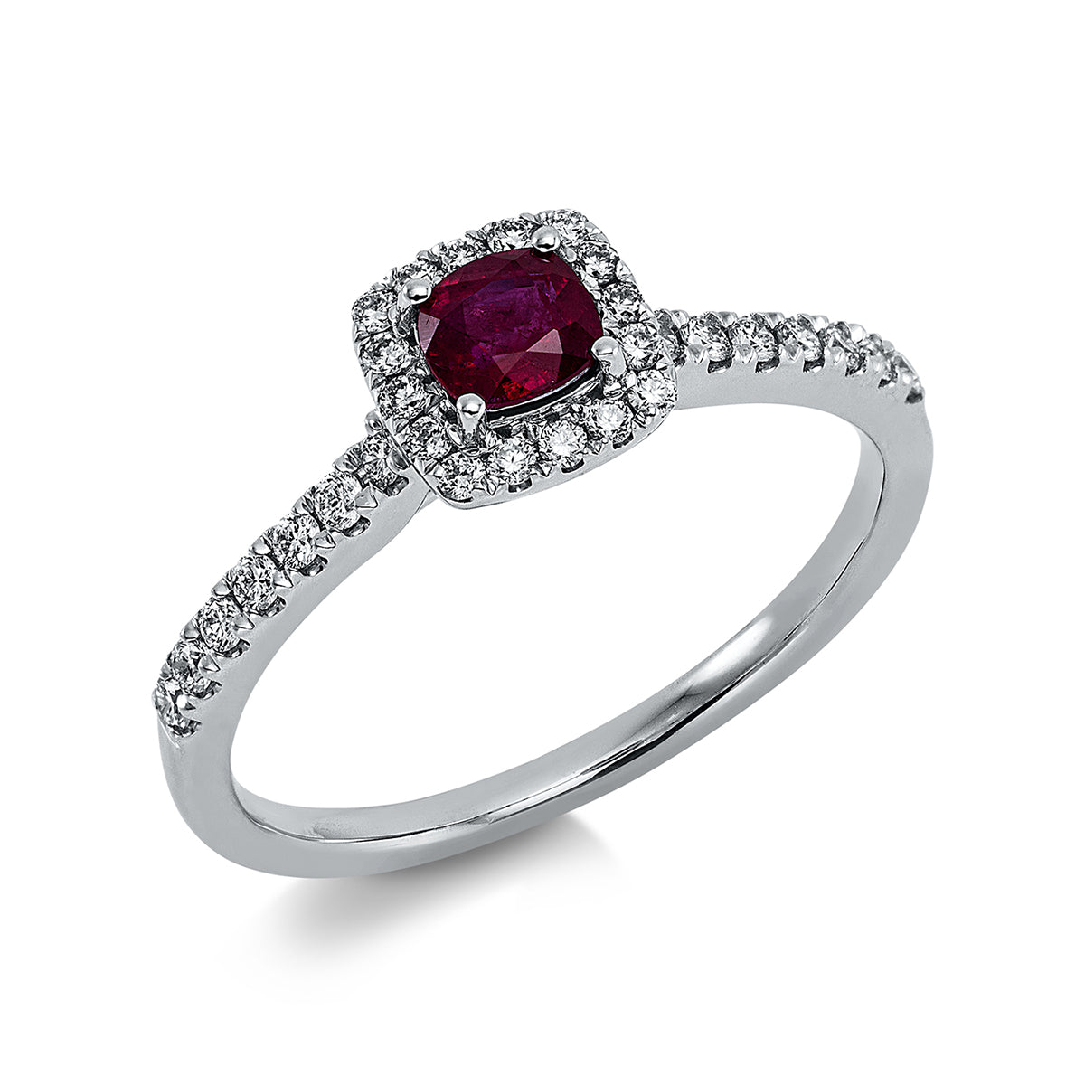 diamond full cut ruby colored stone classic ring in white gold